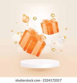 Merry New Year and Merry Christmas 2022 white gift boxes with golden bows and gold sequins confetti on white background. Gift boxes flying and falling. Vector illustration EPS10