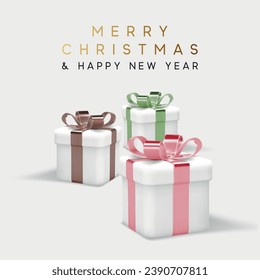 Merry New Year and Merry Christmas 2023 white gift boxes with colorful bows and sequins confetti on white background. Gift boxes post design. 