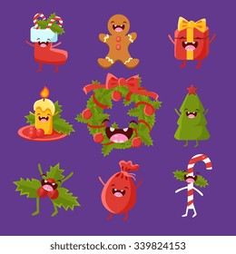 Merry new year and Christmas. Items cute faces, happy. Vector illustration set