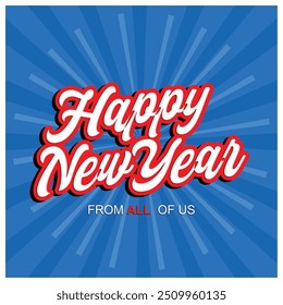 Merry new year's eve. Rays effect on blue background. Happy New Year 2025 concept. Flat vector illustration.