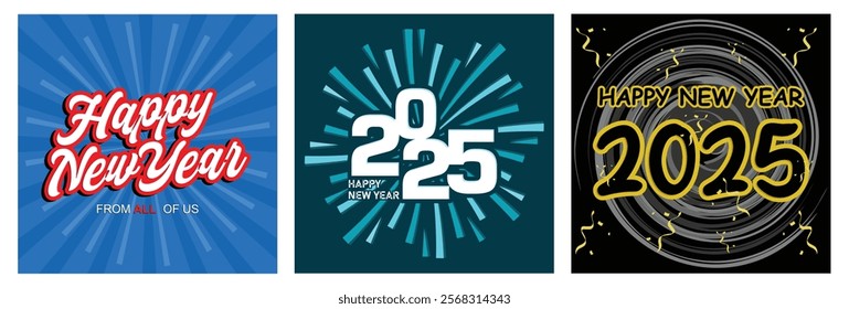 Merry new year's. A lively New Year's Eve celebration. A festive New Year celebration with flying confetti. Happy New Year 2025 concept. Set flat vector illustration.