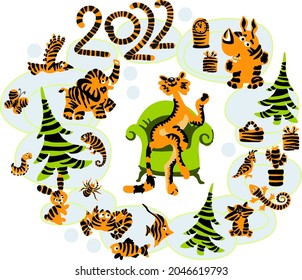 A merry New Year's set with the image of various animals and things in tiger costumes, a symbol of the coming year.