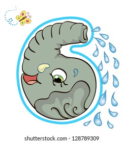 Merry number six. Head smiling elephant and butterfly.  Number, or day of the week. Will help to quickly remember numbers, the order of days of the week, days of Creation. Sixth day of creation