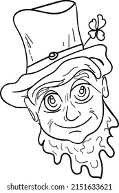 A merry old man with a beard.A fairy tale hero Leprechaun, smiling with pure and sensible eyes, in a hat with a clover (trefoil).For colouring pages, teaching materials, merch  for Saint Patrick's Day