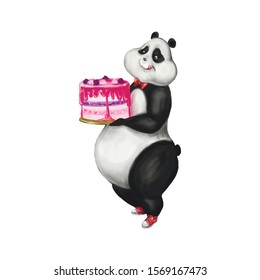 Merry panda in red sneakers and a red bow tie holding a cake with icing and berries, holiday card, idea, sticker, pattern, idea, vector illustration