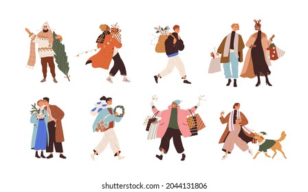 Merry people with Christmas gifts in boxes and shopping bags for winter holidays. Men and women carry New Year presents and Xmas trees in December. Flat graphic vector illustrations isolated on white