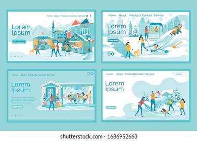 Merry People Visiting Festive Christmas Fair. Gliding Down Snowy Hill on Sledge in Local Park. Family Dinner in Restaurant. Building Funny Snowman with Kids. Four Landing Pages with Copy Space.
