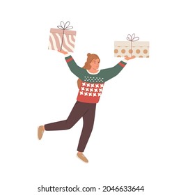 Merry person hold Christmas gifts. Happy woman carry presents wrapped in boxes for Xmas and New Year. Female with giftboxes for winter holidays. Flat vector illustration isolated on white background