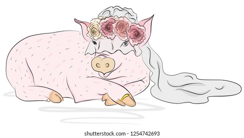 
Merry pig bride, symbol of the year 2019 - yellow earth pig, happy new year 2019, background for presentation, printing, website, banner, poster, calendar, picture, business card, notebook
