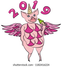 Merry pig pegasus, unicorn symbol of the year 2019 - yellow earth pig, happy new year 2019, background for presentation, printing, website, banner, poster, calendar, picture, business card, notebook