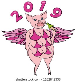 Merry pig pegasus, unicorn symbol of the year 2019 - yellow earth pig, happy new year 2019, background for presentation, printing, website, banner, poster, calendar, picture, business card, notebook