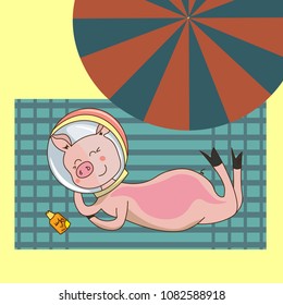 A merry pig in a spacesuit sunbathing on the beach.