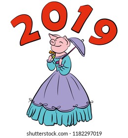 Merry pig, symbol of the year 2019 - yellow earth pig, coloring happy new year 2019, background for presentation, printing, website, banner, poster, calendar,  for picture, business card, notebook