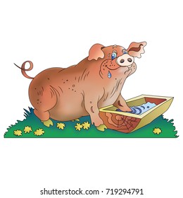 Merry pig with trough