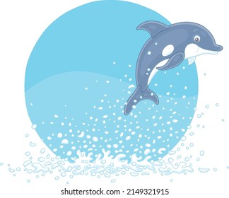 Merry playful little dolphin in splashes jumping out of water in a tropical sea, vector cartoon illustration isolated on a white background
