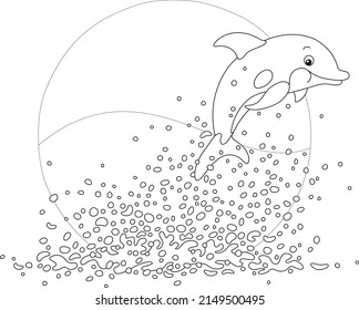 Merry playful little dolphin in splashes jumping out of water in a tropical sea, black and white vector cartoon illustration for a coloring book page