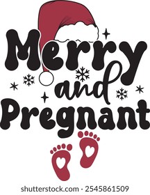 Merry and Pregnant Christmas Pregnancy Announcement Cute Mom To Be T shirt Design