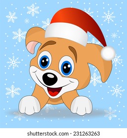 merry puppy in a christmas cap,vector illustration