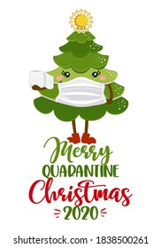 Feliz Navidad 2020 - Estilo Kawaii lindo dibujo de doodle de árbol de Navidad con texto para tiempos de cuarentena. Decoración navideña. Bueno para el diseño gráfico de póster o camiseta. DETENER el coronavirus 