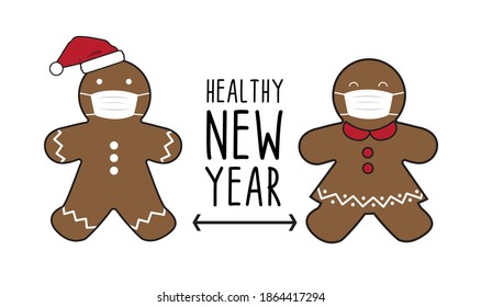 Merry Quarantine Christmas and Happy New Year. Gingerbread Wearing mask Gnomes  lettering Heathy quote design. For t shirt, greeting card or poster design Background Vector Illustration.