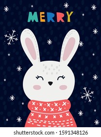 
Merry, rabbit cute vector illustration, design for  nursery, childish greeting card
