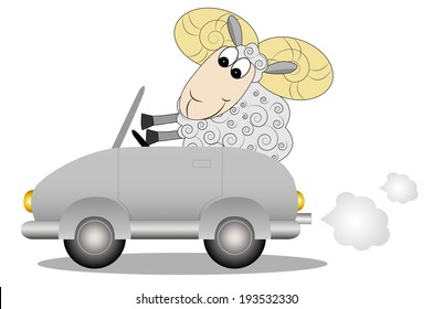 merry ram after the helm of car, vector illustration
