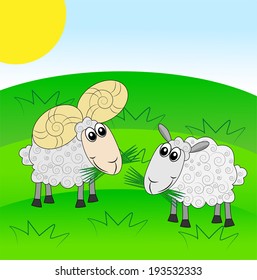 merry ram and sheep on a green lawn, vector illustration