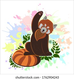 Merry Red Panda With A Raised Paw. Little Panda On The Background Of Colored Spots And Sits On The Leaves. Hand Drawn Vector Illustration.