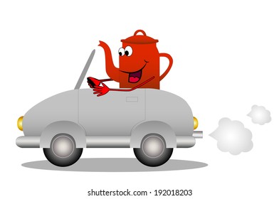 merry red tea-pot after the helm of car, vector illustration