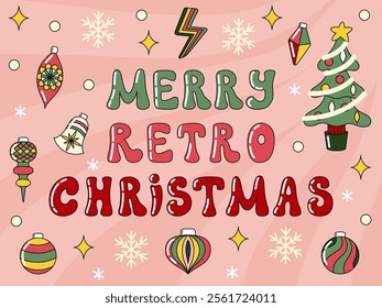 Merry Retro Christmas Post vintage card. Vector postcard with hand drawn lettering and retro decor on wavy background