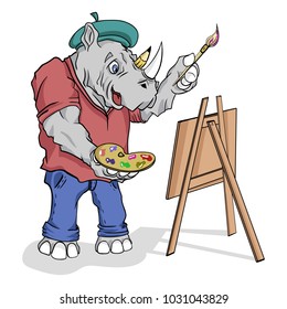 Merry rhinoceros artist paints a painting on the palette