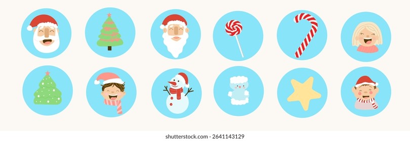 Merry round stickers, santa xmas decoration, vintage flat vector, merry enjoy, star, candy, christmas tree in blue
