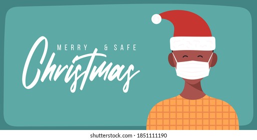 Merry and safe Christmas. African Man in Santa Claus hat wearing protective face mask against coronavirus. Christmas during pandemia. Holiday greeting card Xmas celebration. Flat Vector illustration.