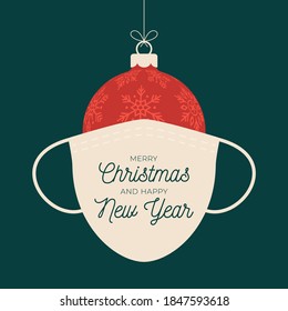 Merry and safe Christmas ball with face mask. Isolated red flat cartoon ball and medical face mask with text Merry Christmas. Outbreak Coronavirus. Healthcare concept.