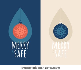 Merry and safe Christmas ball with sanitizer drop. Isolated set cartoon ball and water drop with text Merry Christmas. Outbreak Coronavirus. Healthcare concept.