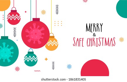 Merry and Safe Christmas Banner Design With Hanging Colorful Baubles On White Background For Stop Coronavirus.