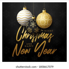 Cartel de navidad y navidad segura. Ilustración vectorial con tres textos con letras y colores dorados, negros y blancos de la bola de árbol de Navidad. Vacaciones debidas a coronavirus 