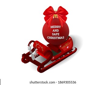 Merry and safe christmas. Safe, wear mask and stay at home. Graphic design. Christmas during Covid 19. Stock vector illustration on white isolated background.