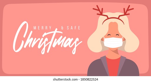 Merry and safe Christmas. Woman in deer antlers hat wearing protective face mask against coronavirus. Christmas during pandemia. Holiday greeting card Xmas celebration. Flat Vector illustration.