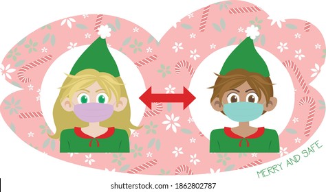 Merry and safe. Keep distance sign. Santa's little helpers. Have a safe Christmas during Covid-19 pandemic. Social distancing during holidays. Cute winter vector illustration EPS 8.