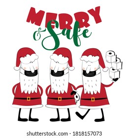 Merry and Safe - Santa Claus in mask with toilet papers. Funny greeting card for Christmas in covid-19 pandemic self isolated period. 
