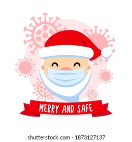 Merry and safe. Santa Claus with protective mask and corona virus. COVID - 19 Christmas cute flat vector illustration. Pandemic coronavirus New Year 2021 concept.