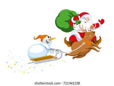 Merry Santa Claus with a bag of gifts riding a deer in with a sled on which sits a snowman. Funny Christmas, New Year illustration. Flat style xmas cartoon characters for card, poster. Isolated vector