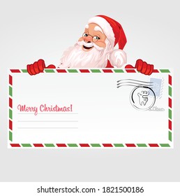 Merry Santa Claus is behind a large letter, a signboard, an advertising banner. Vector graphics