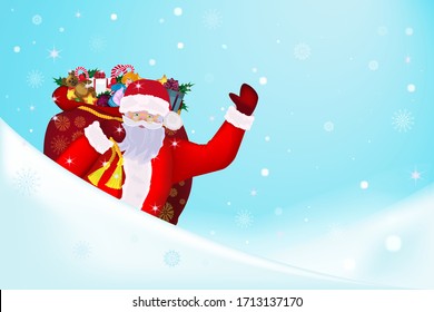 Merry Santa Claus is carrying a large bag of gifts. Hand greeting. For Christmas and new year posters, gift tags and labels. Vector illustration in cartoon style. Copy space for text.