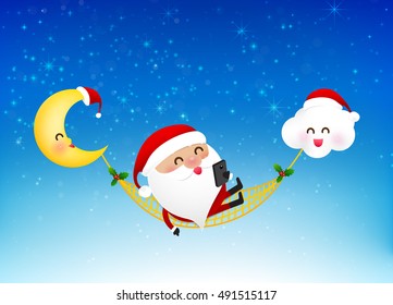 Merry santa claus cartoon holding smartphone on snow bakcground vector illustration eps10