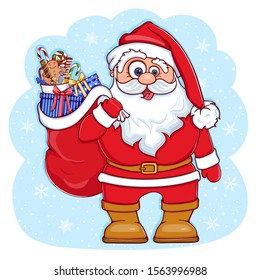 Merry Santa Claus character in cartoon style with a bag of gifts boxes and sock with sweets. Christmas card for a Happy New Year. Hand drawn. Colorful vector illustration isolated on white background.