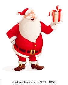 Merry Santa Claus with Christmas gift in hand. vector illustration. Isolated on white background. Transparent objects used for lights and shadows drawing.