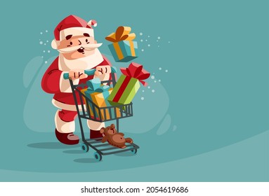 Merry Santa Claus Christmas holiday character with shopping cart buys boxes with gifts and toys for children in supermarket, on blue background. Cartoon Flat Vector illustration.
