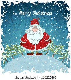 Merry Santa Claus. Christmas landscape with snowfall. Blue vintage background. Vector Illustration.